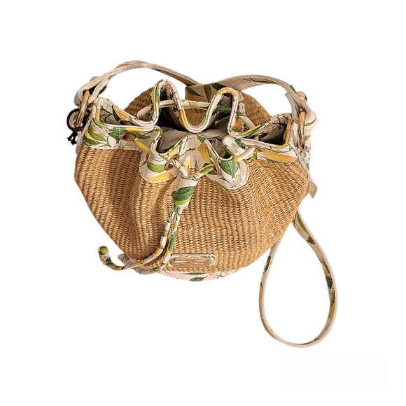 Valentina Leather & Raffia Lemon Design Crossbody Bucket Bag - Picture 4 of 8